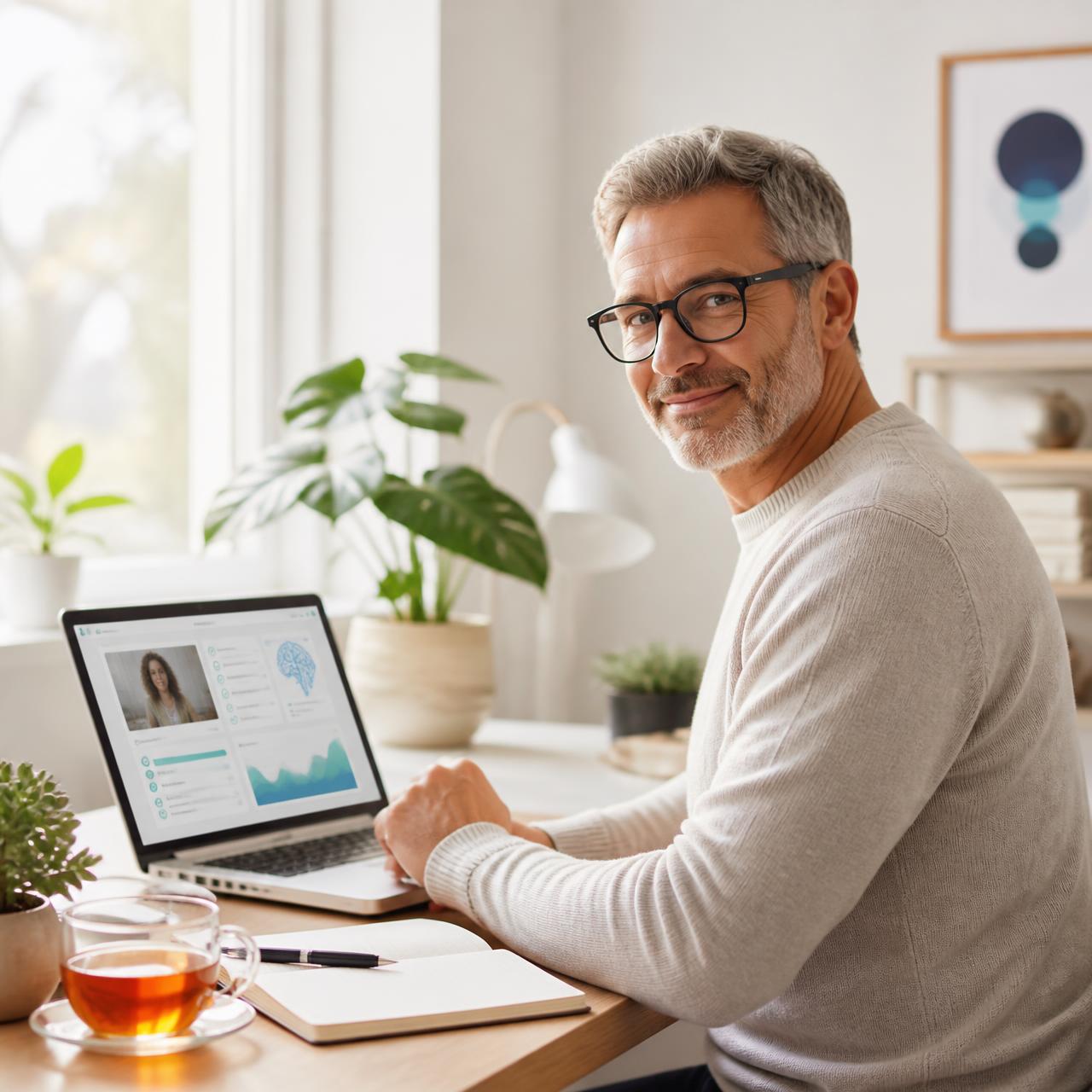 Person 50+ lernt entspannt am Laptop – Gesundheit, KI und digitales Arbeiten in einer hellen Premium-Umgebung
