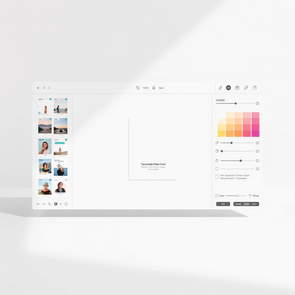 Neutrales Browser-Mockup eines modernen Grafikeditors mit Vorlagen, Arbeitsfläche und Farbpalette