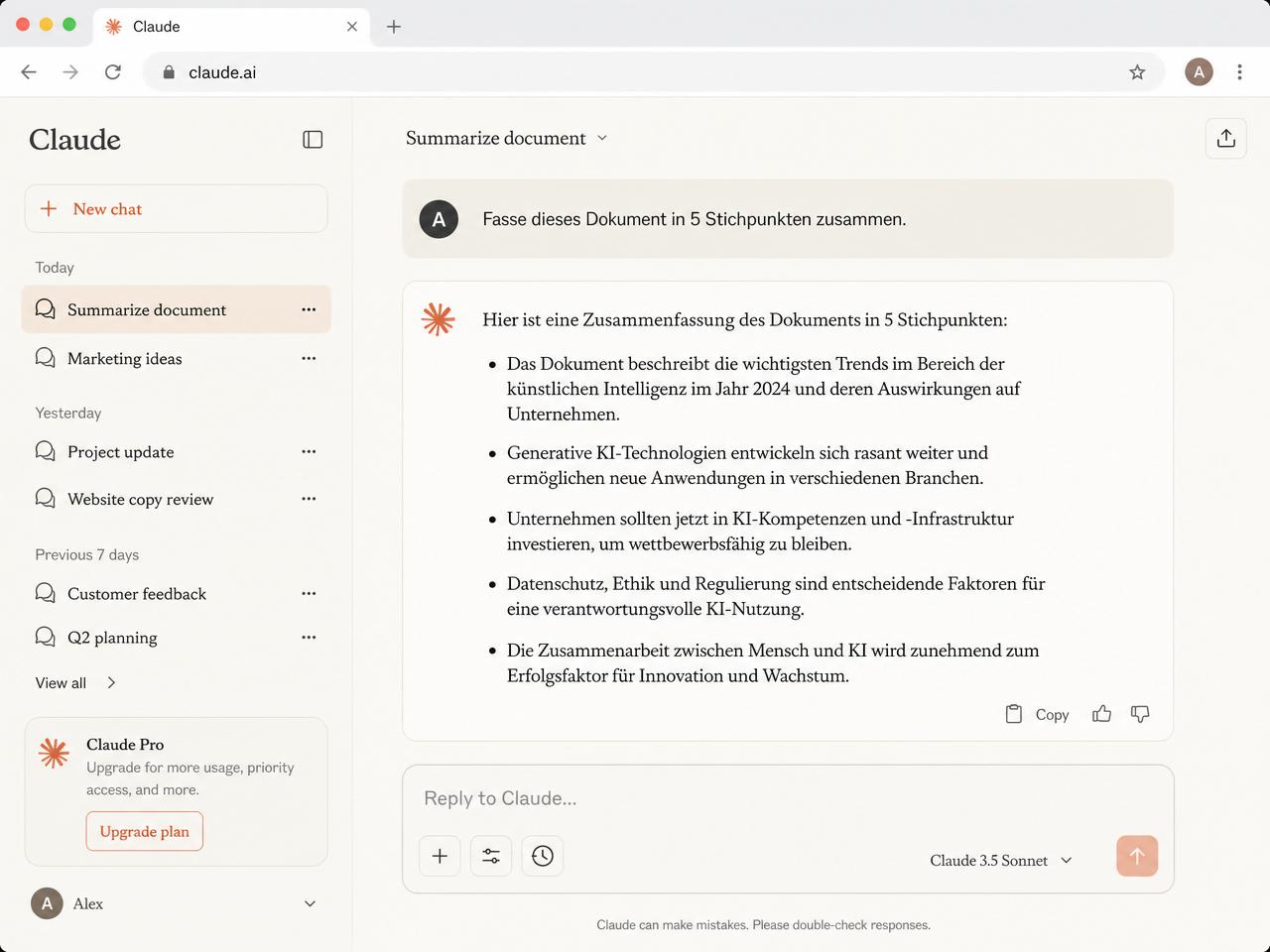 Claude AI-Oberfläche im Browser