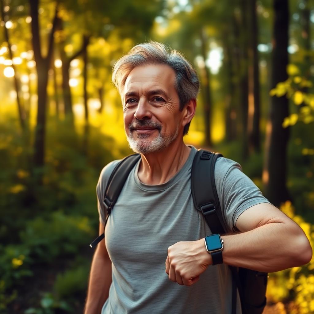 Vitaler Mensch ab 45 beim Spaziergang in der Natur mit moderner Smartwatch im Sonnenlicht