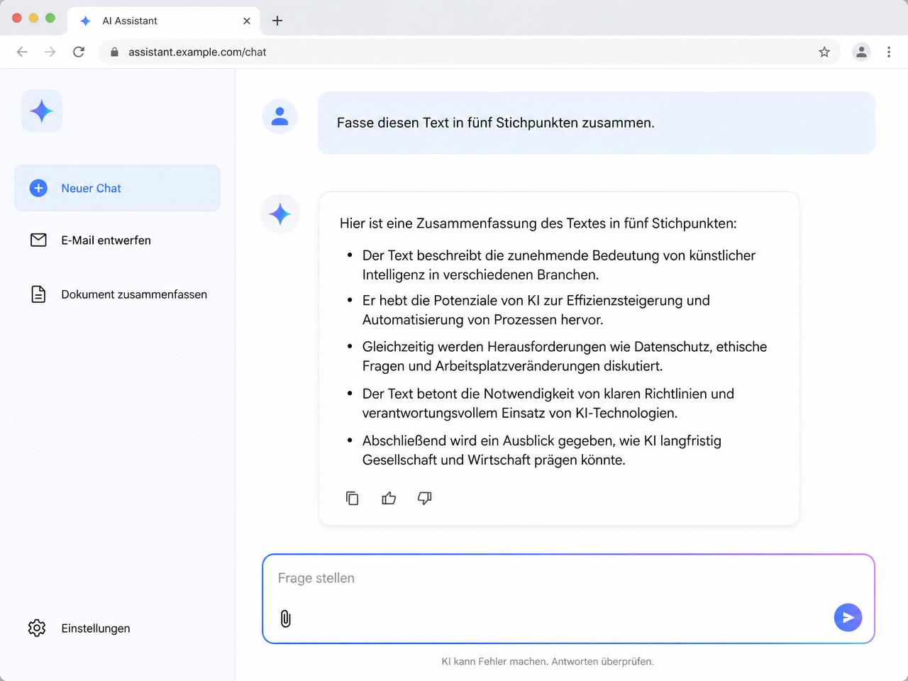 Neutrales Browser-Mockup eines KI-Chatassistenten im Google-Stil