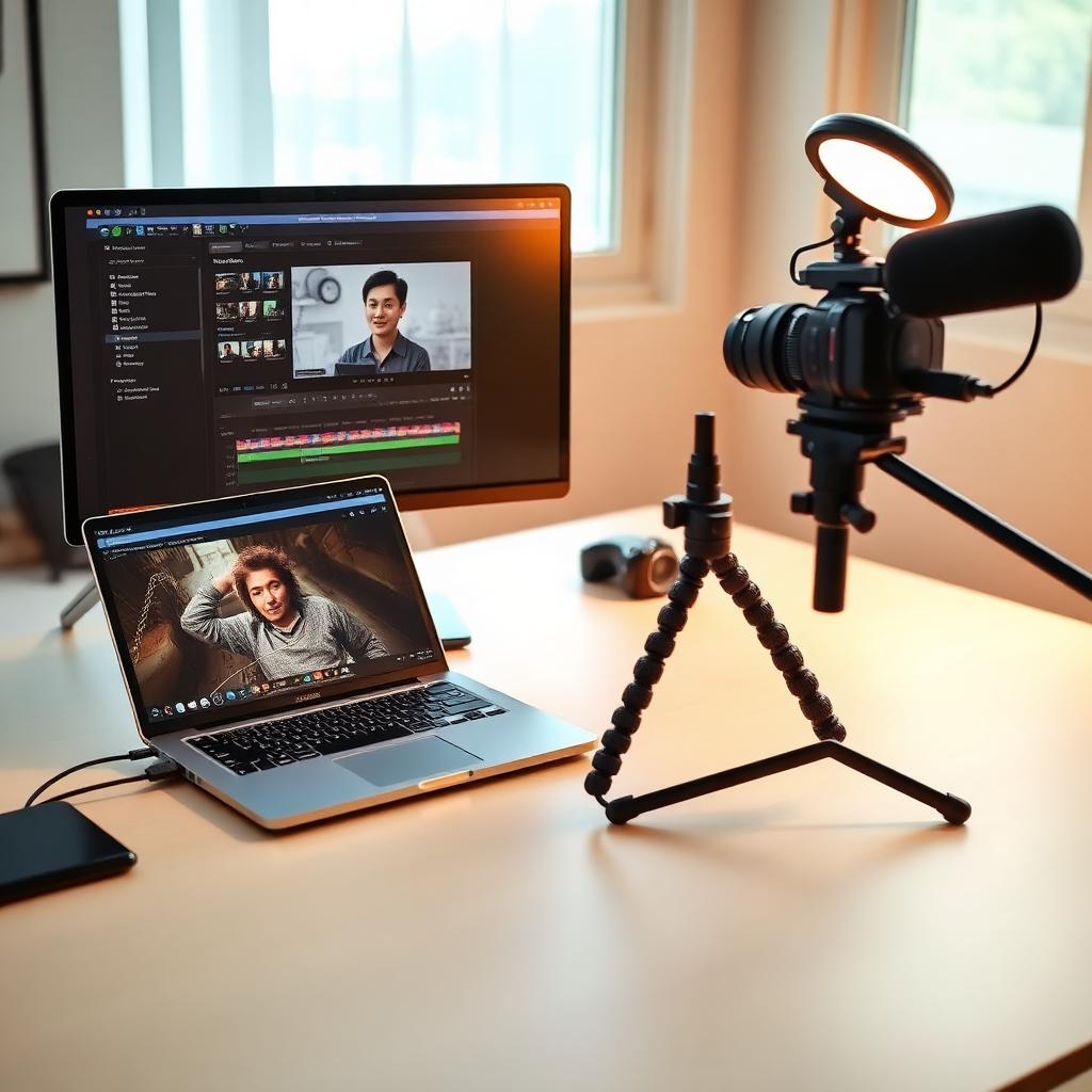 Moderner Videoarbeitsplatz mit Laptop, Kamera, Mikrofon und Videoaufnahme
