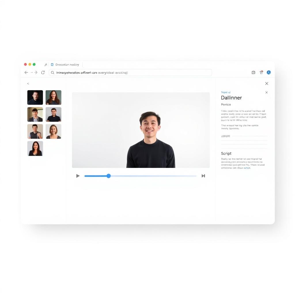 Neutrales Browser-Mockup einer Videooberfläche mit Avatar, Vorschaufenster, Skript und Timeline