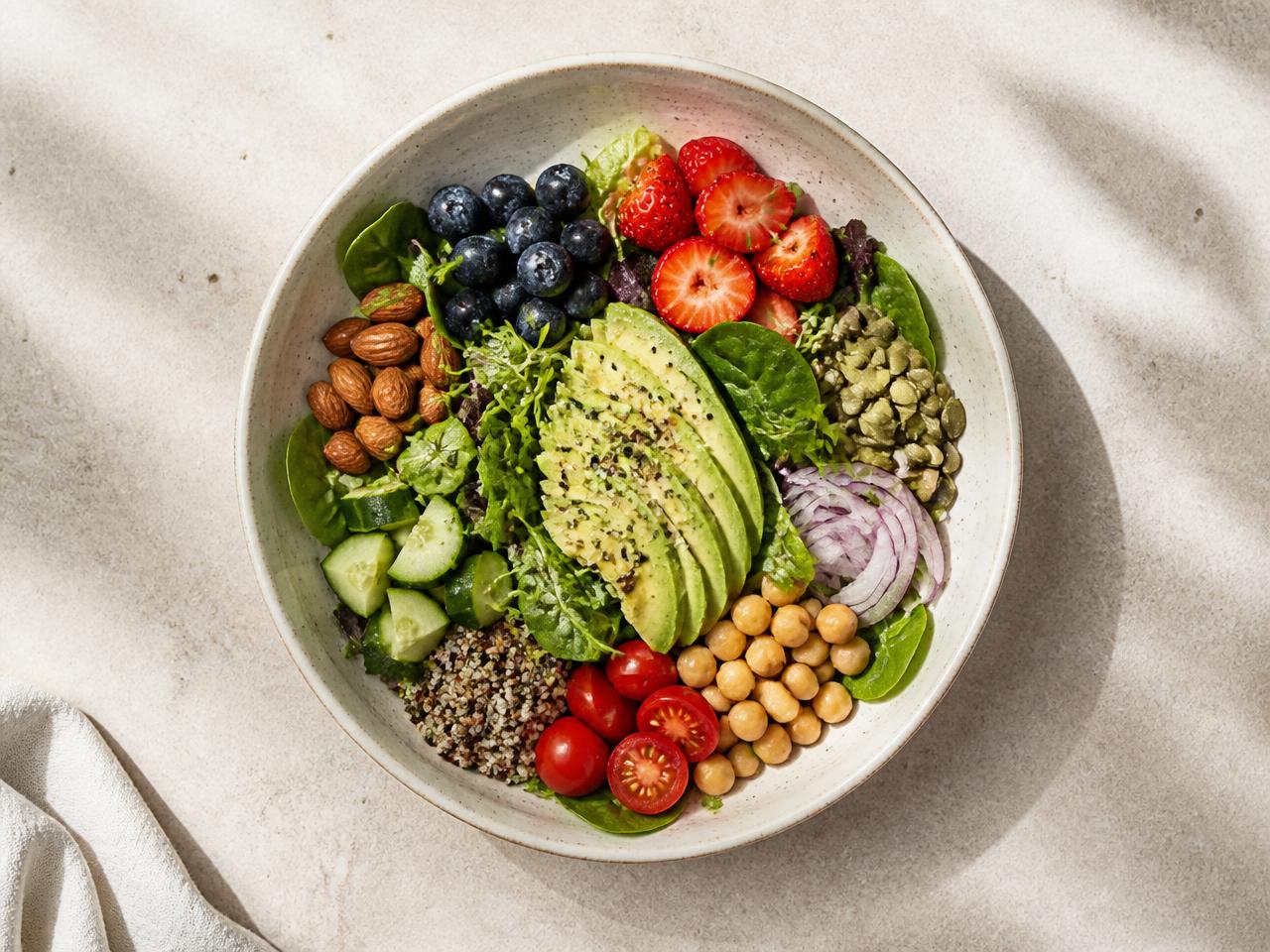 Bunte Schale mit frischen Zutaten — Avocado, Beeren, Nüsse und Blattsalat