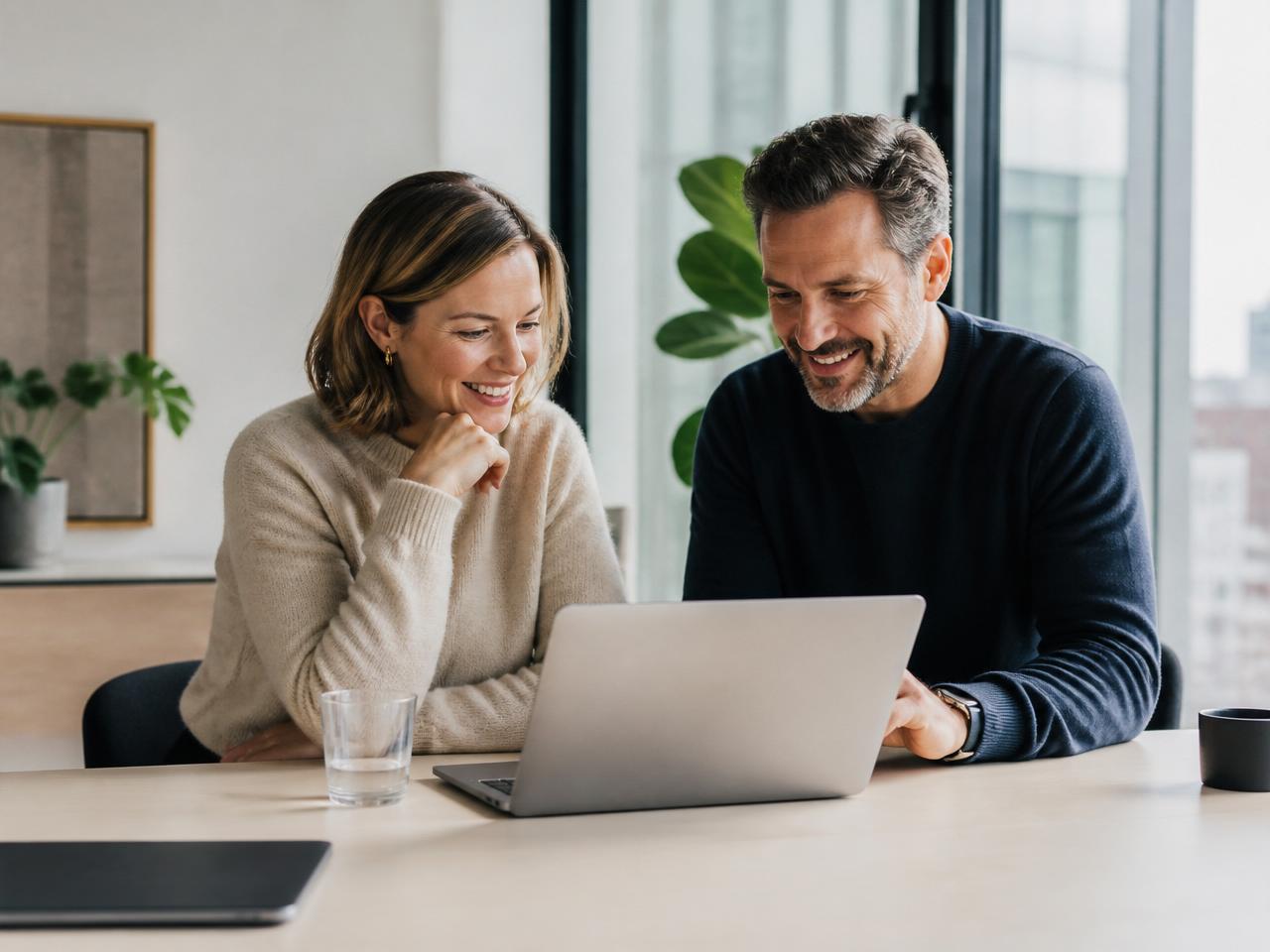 Zwei moderne Unternehmer arbeiten gemeinsam am Laptop
