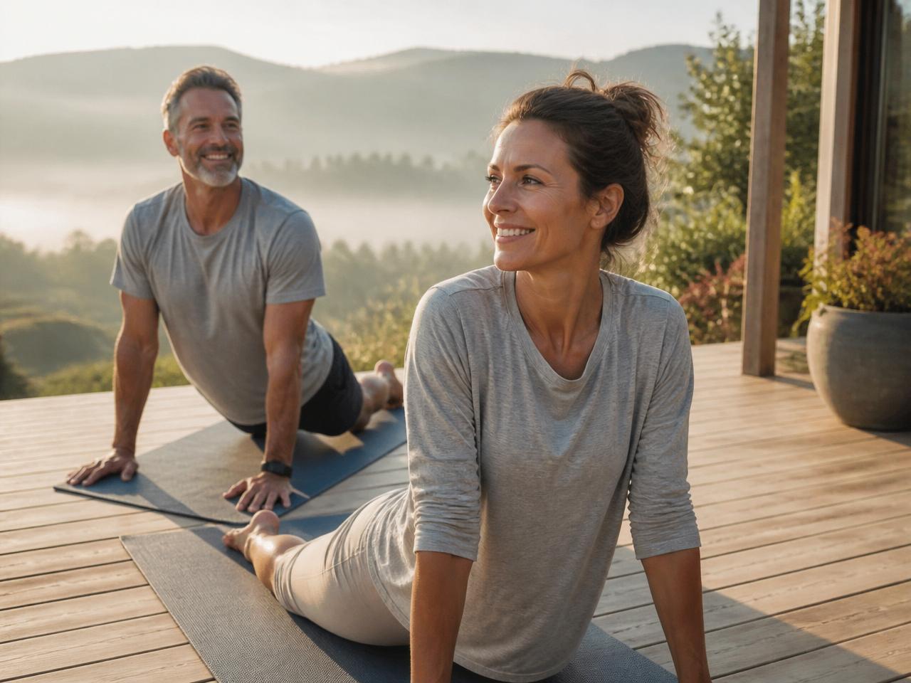 Aktives Paar praktiziert Yoga bei Sonnenaufgang