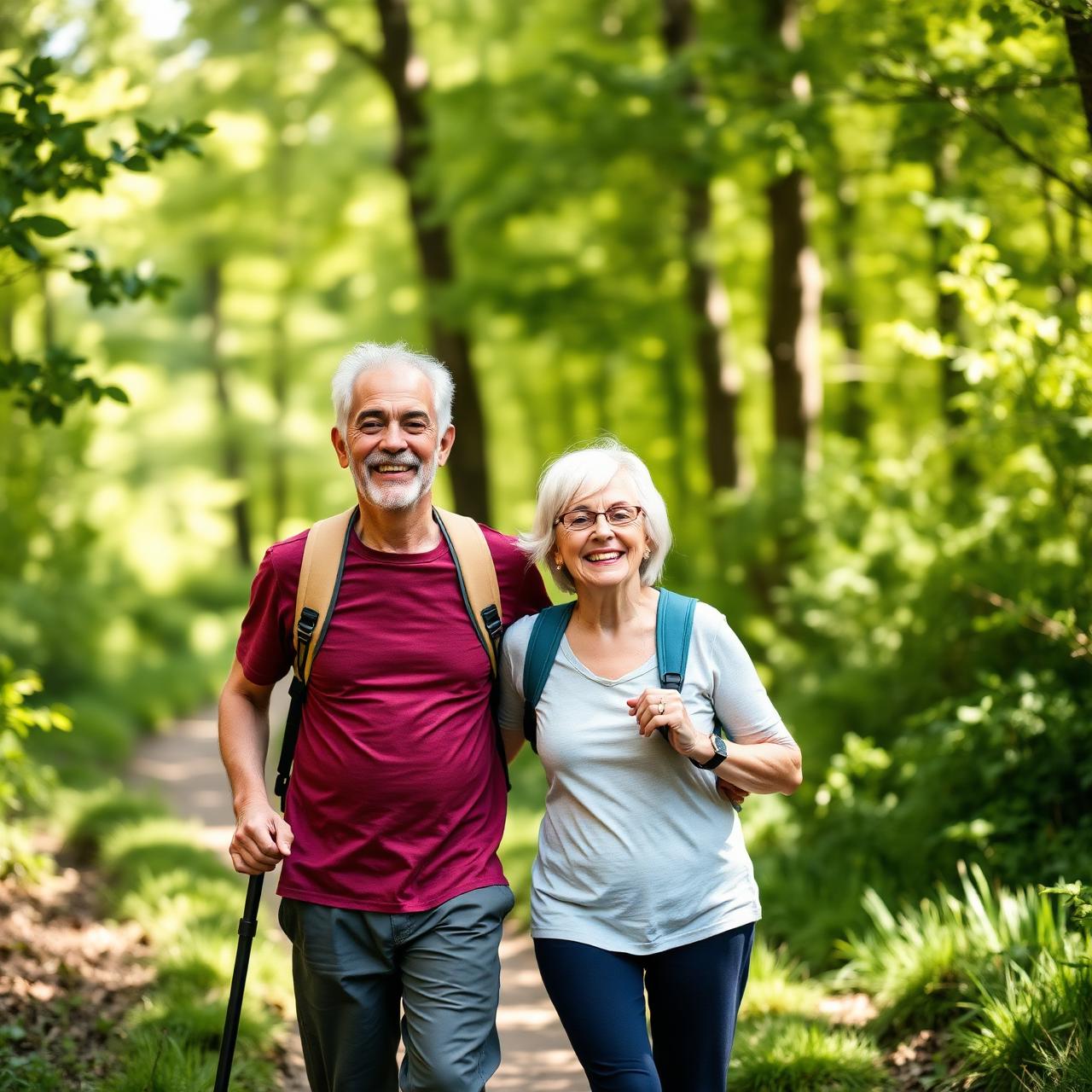 Aktives Paar 55+ beim Wandern im sonnendurchfluteten Wald – Lebensfreude und Bewegung in der Natur