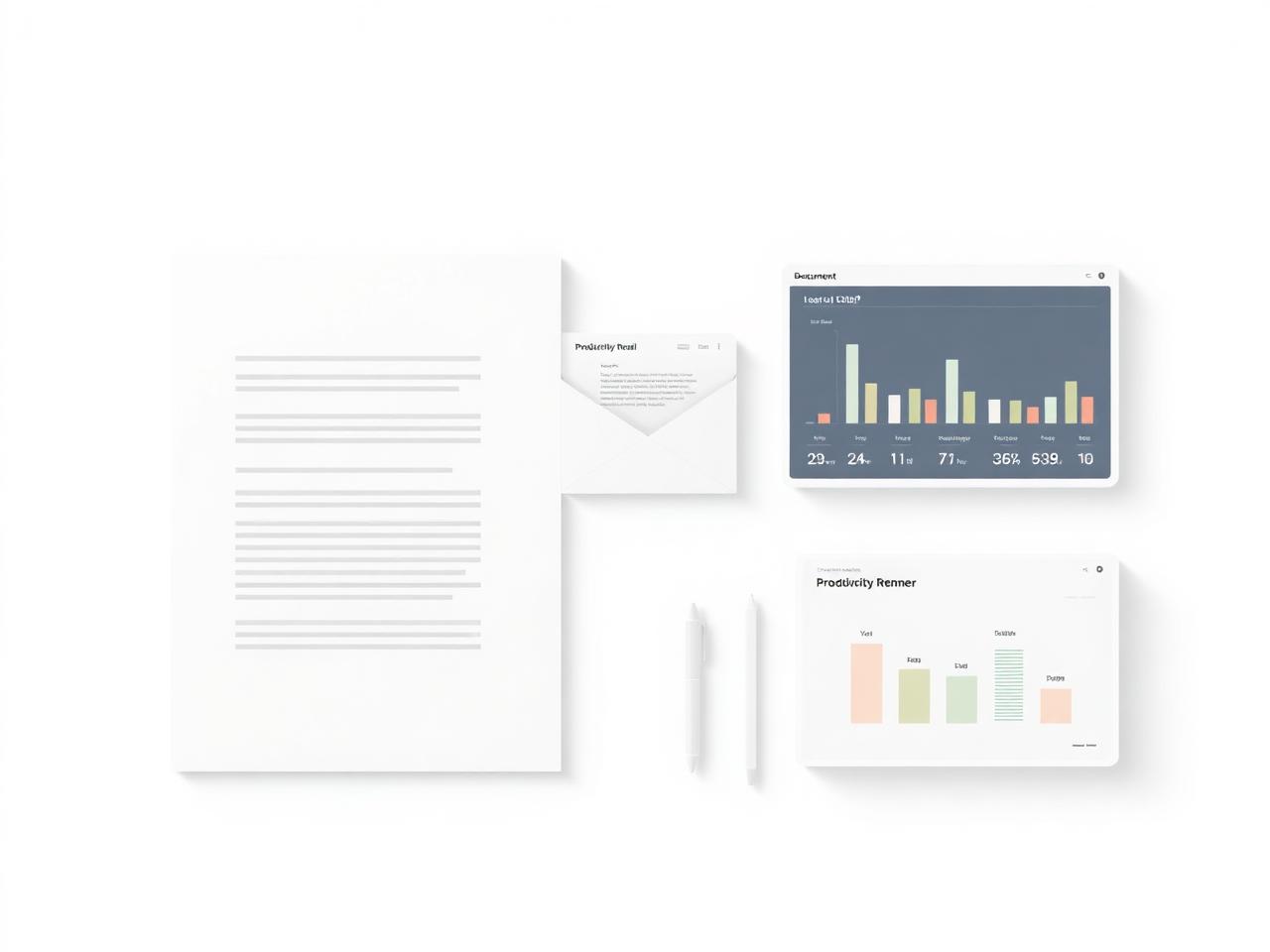 Neutrales Desktop-Mockup mit Dokument, Tabelle, E-Mail und Präsentation