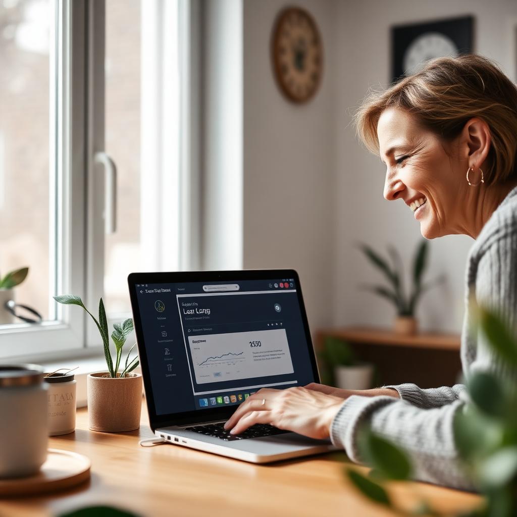 Person 45+ lernt entspannt am Laptop im hellen Home-Office mit persönlichem Lern-Dashboard