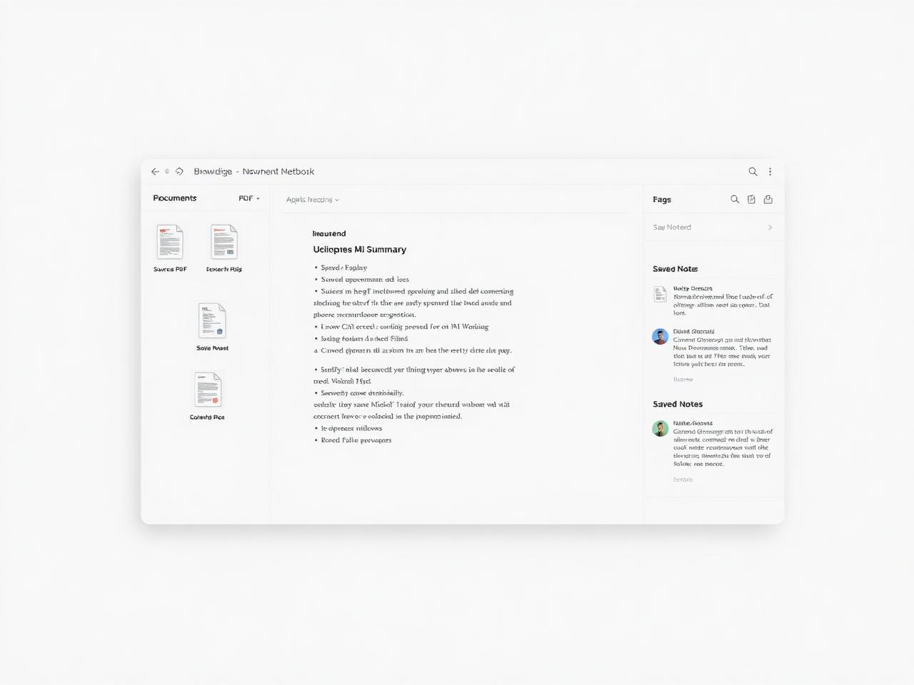 Neutrales Browser-Mockup eines KI-Notizbuchs mit Dokumentquellen, Zusammenfassung und Notizen