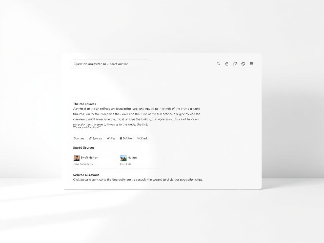 Neutrales Browser-Mockup einer KI-Recherche mit Antwort, Quellenkarten und weiterführenden Fragen
