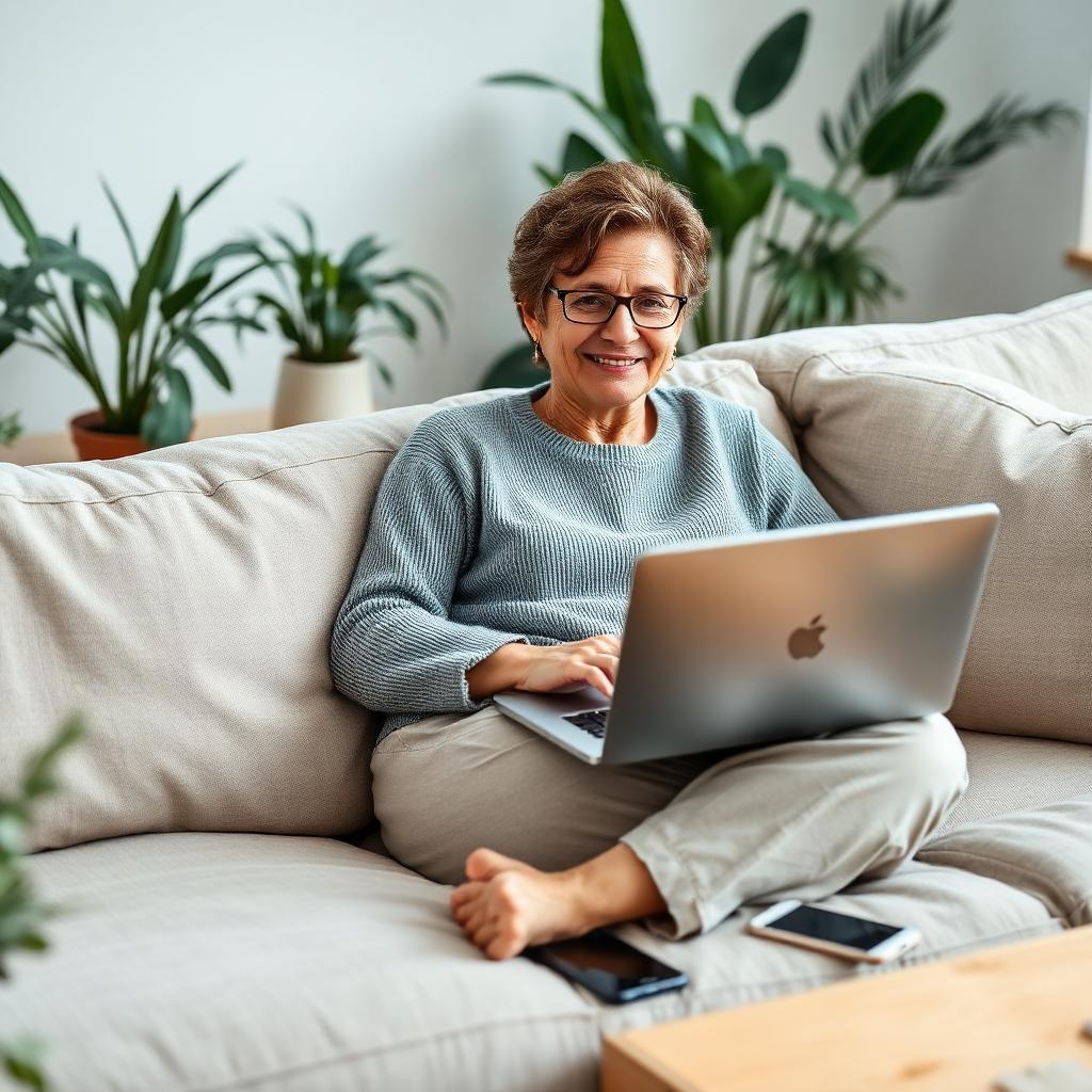 Person 45+ lernt entspannt zu Hause auf dem Sofa mit Laptop, Tablet und Smartphone