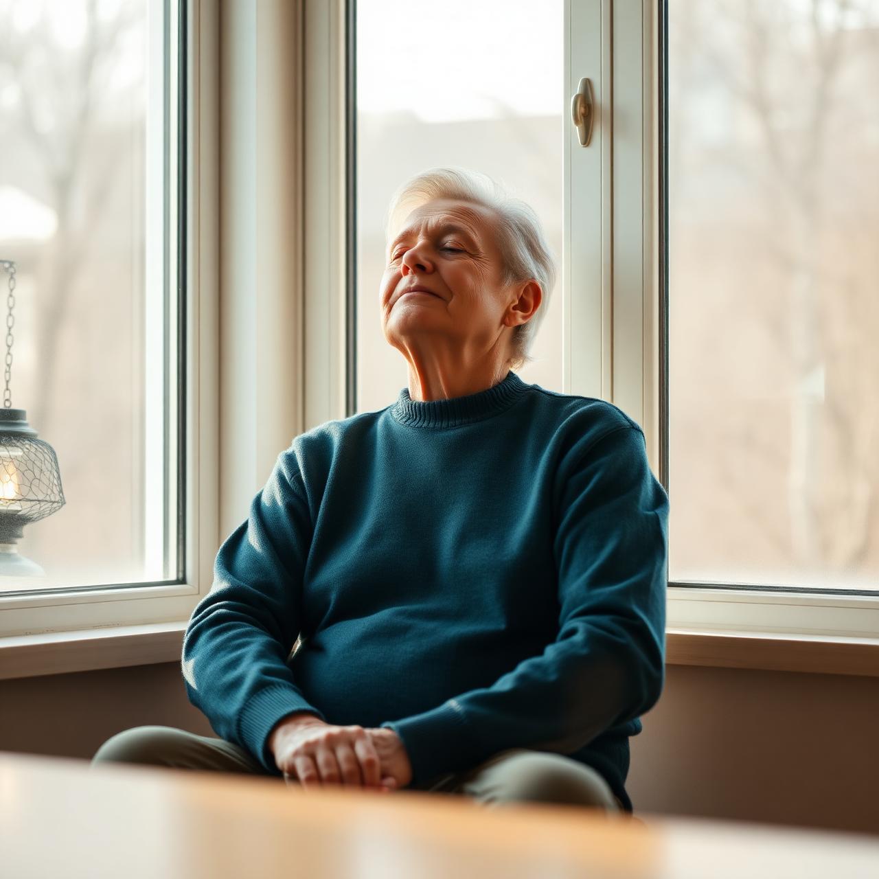 Ruhige Person atmet entspannt am Fenster im warmen Morgenlicht