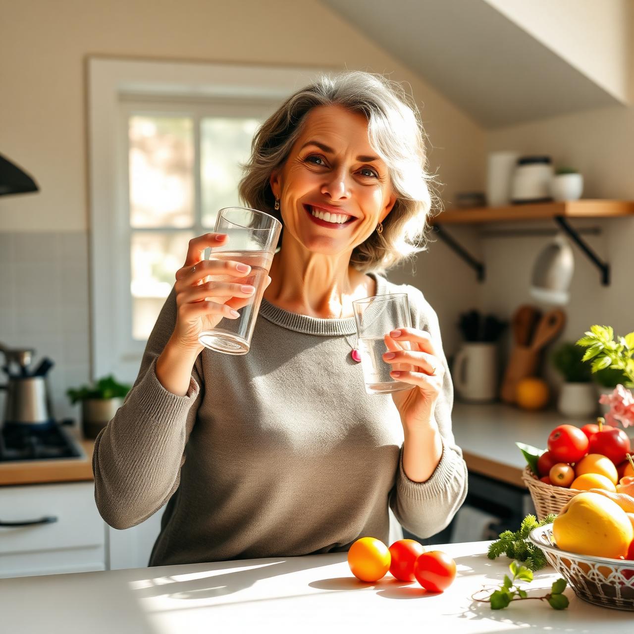 Aktive Frau 45+ trinkt frisches Wasser in einer hellen Küche mit Obst und Gemüse – Vitalität und gesunder Lebensstil